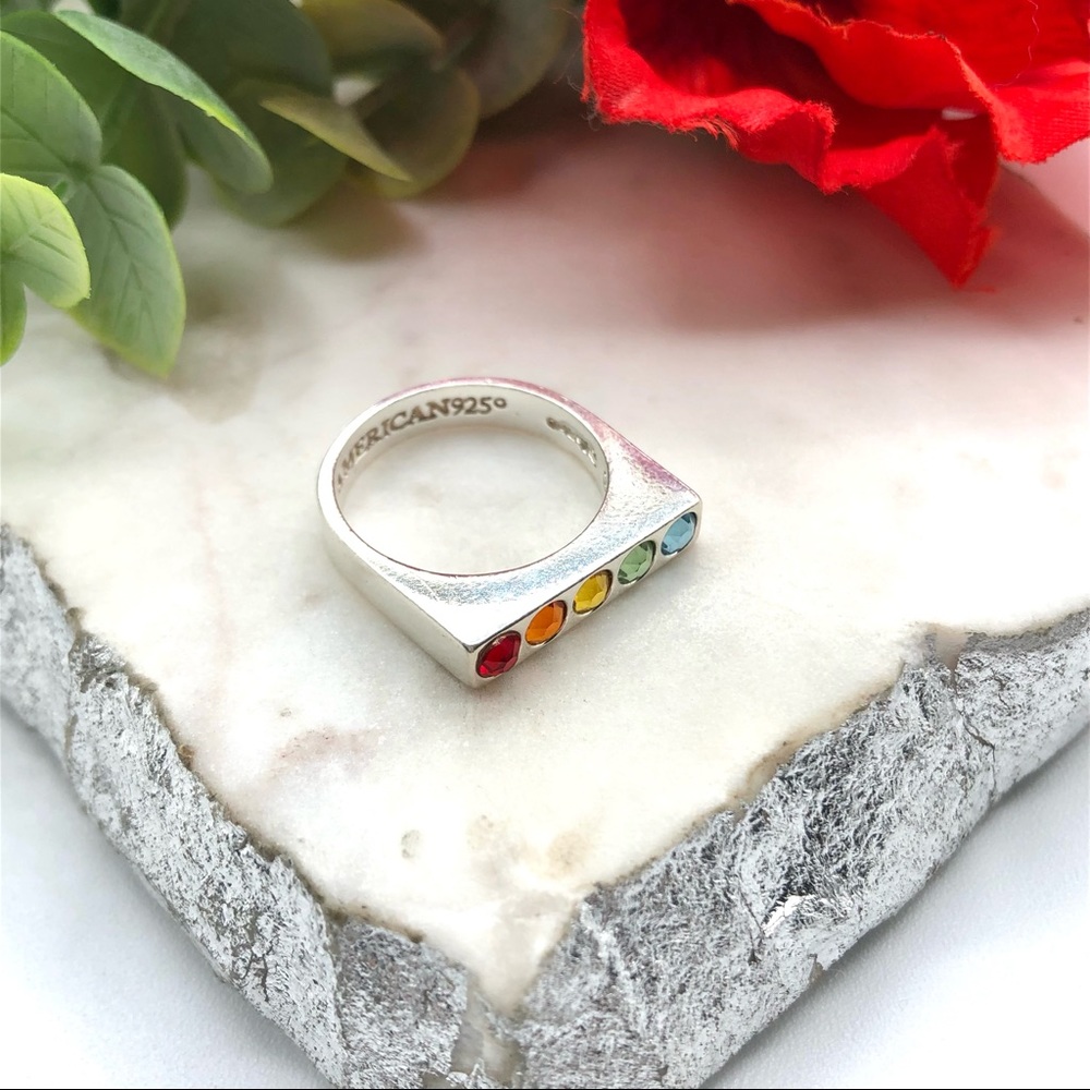 Alex And Ani Sterling Silver Rainbow Crystal Signet Bar Flat Top Rhinestone Ring - Picture 14 of 17